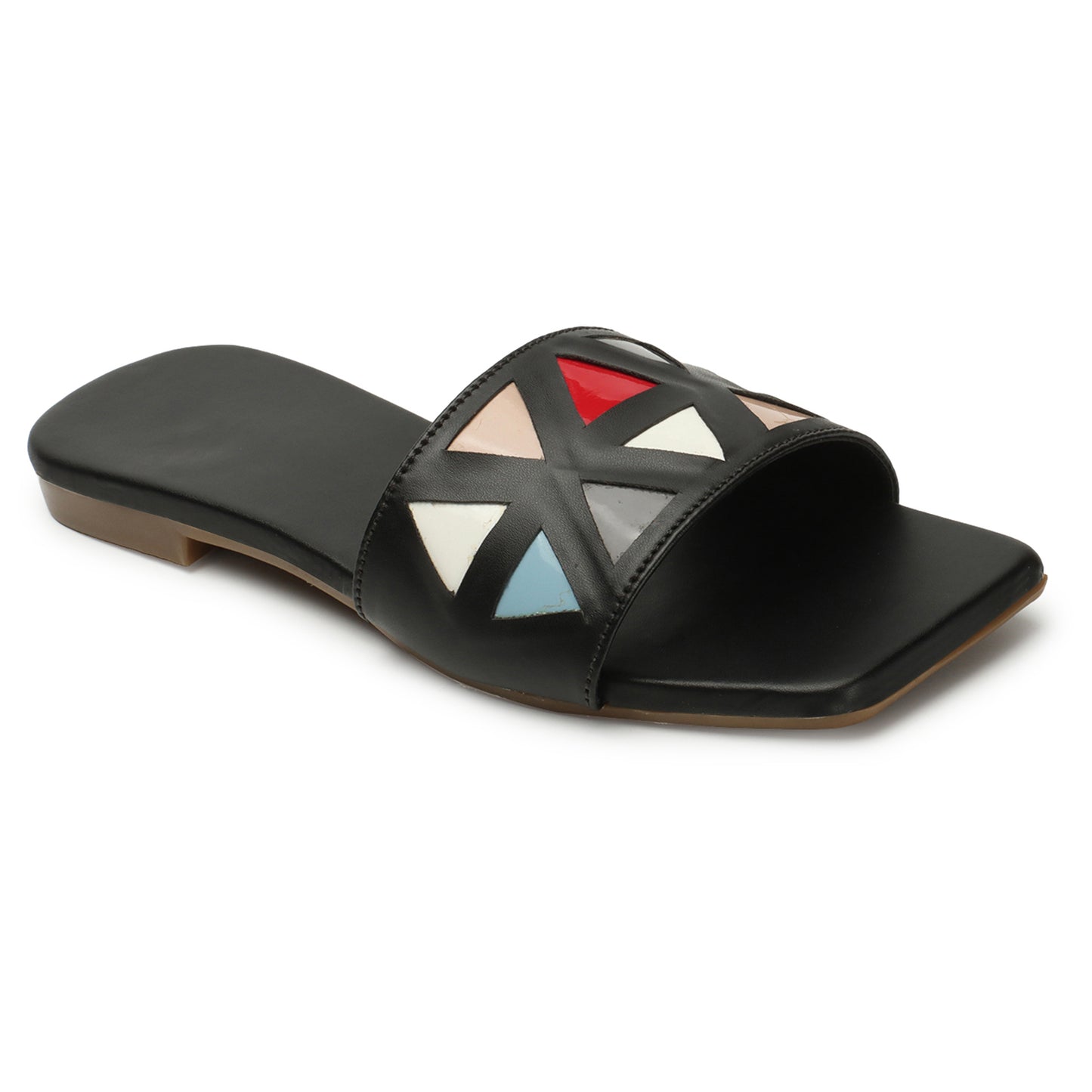 Chic black flat, vibrant triangle design atop. Modern elegance