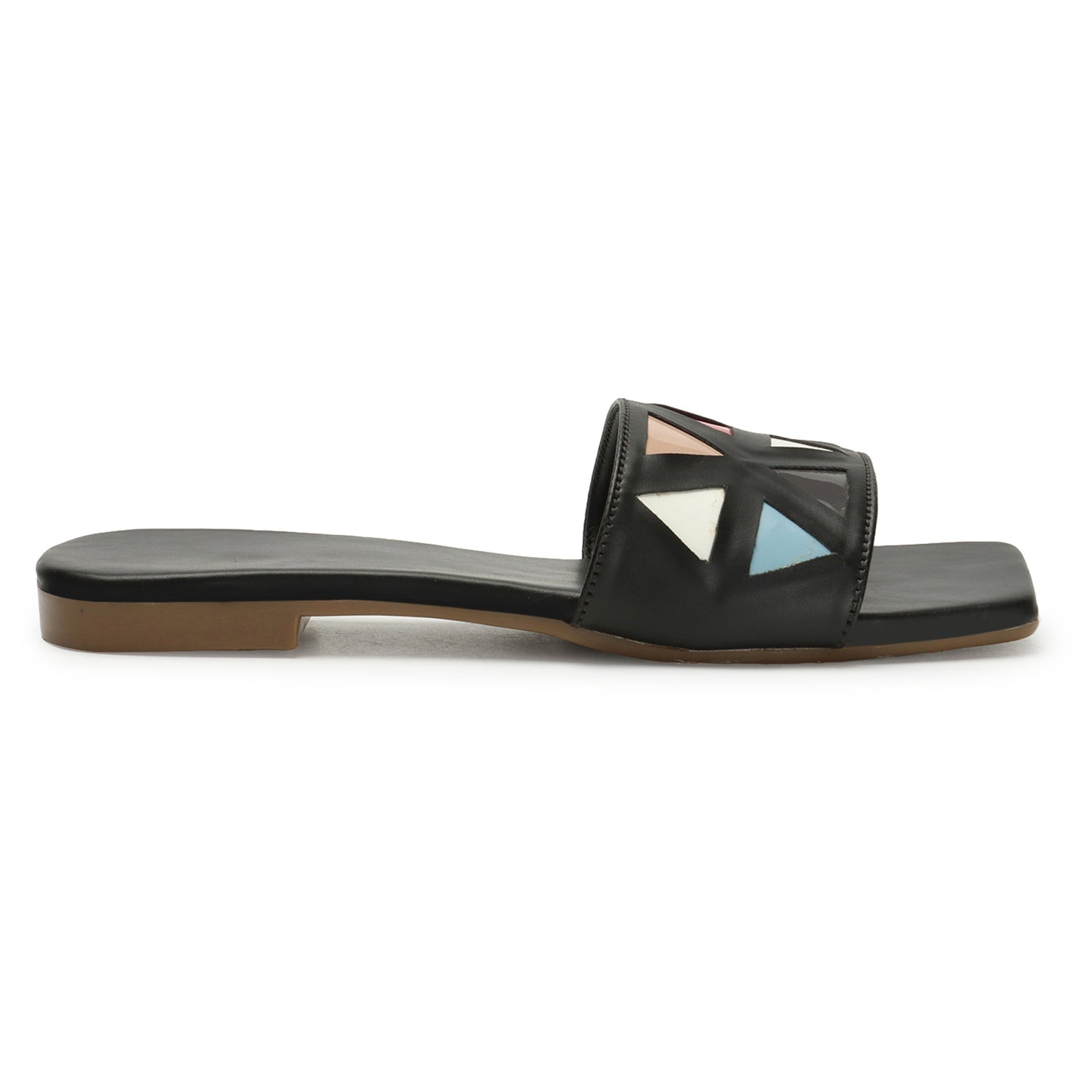 Chic black flat, vibrant triangle design atop. Modern elegance