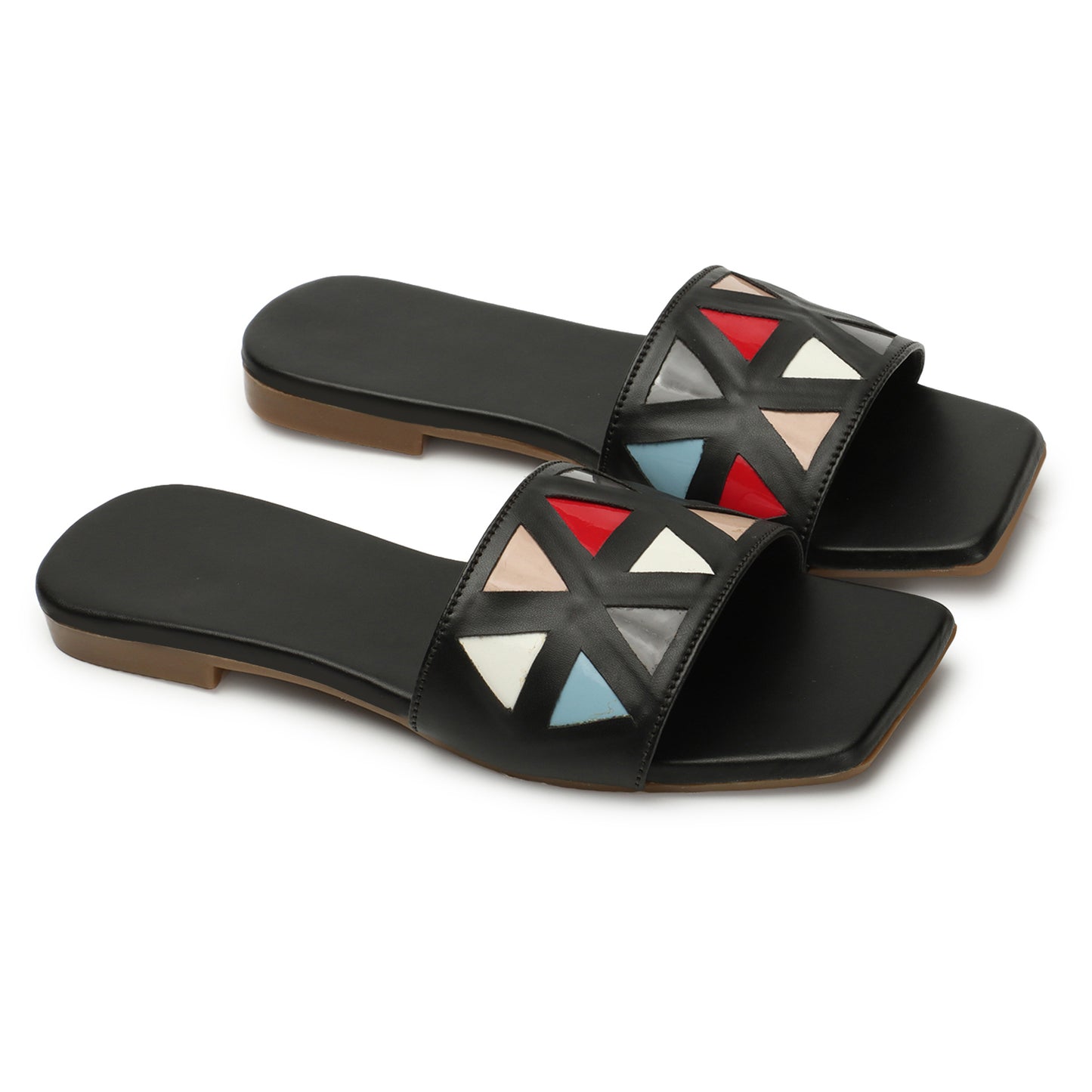 Chic black flat, vibrant triangle design atop. Modern elegance